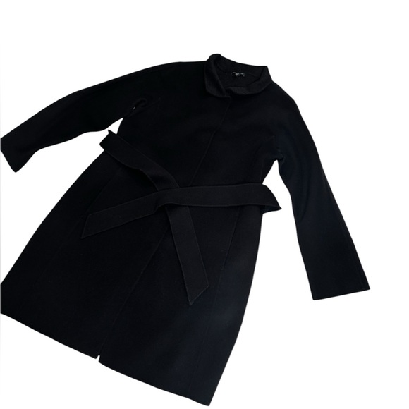 Eileen Fisher Wool Long Black Snap Button Tie Coat Jacket Size Medium Pockets - Picture 12 of 15